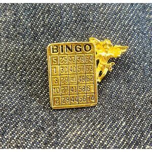 Signed SBE, INC. Lucky Bingo Card Lapel Pin w/Cherub/Winged Angel, 1 1/8" x 1"